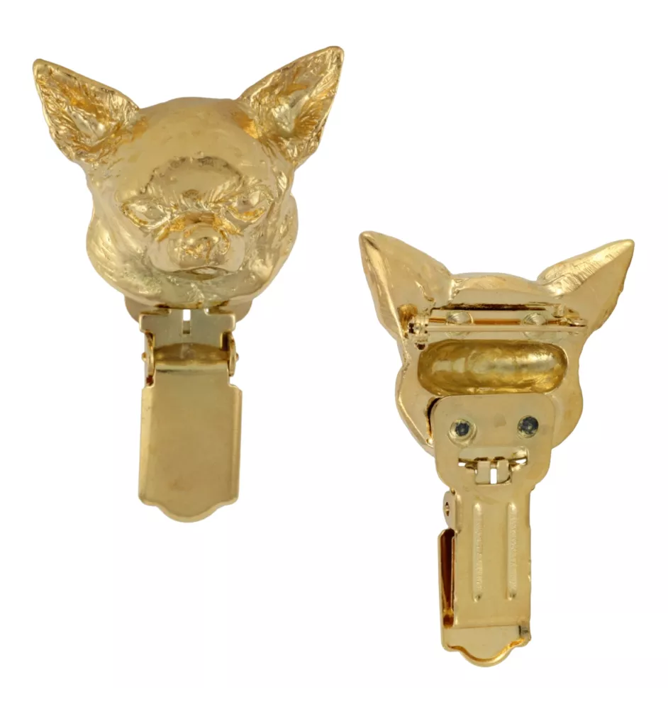 Chihuahua short-haired, Chihuahua smooth I - brooch with a clip, gold-plated holder for a start number, a gift for a dog show by Art-Dog brand.