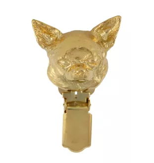 Chihuahua short-haired, Chihuahua smooth I - brooch with a clip, gold-plated holder for a start number, a gift for a dog show by Art-Dog brand.