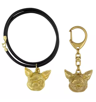 Chihuahua à poil court - porte-clés et collier avec chien dans une boîte, produit plaqué or de haute qualité, marque Art-Dog