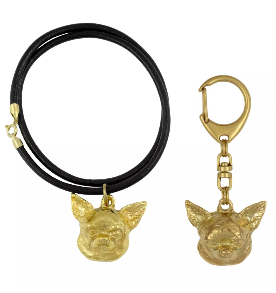 Chihuahua Kurzhaar - Schlüsselanhänger und Halskette mit Hund in einer Box, vergoldetes Produkt von hoher Qualität, Marke Art-Dog