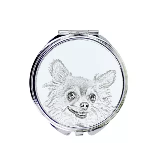 Chihuahua Langhaar - Taschenspiegel mit Hund, personalisierter Taschenspiegel, kompakter Spiegel mit Art-Dog-Logo