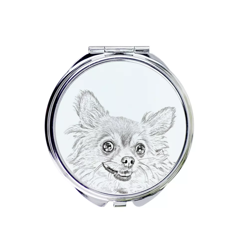 Chihuahua Langhaar - Taschenspiegel mit Hund, personalisierter Taschenspiegel, kompakter Spiegel mit Art-Dog-Logo