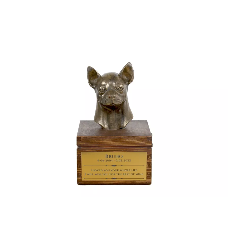 Chihuahua short-haired, Chihuahua smooth I - urn for dog ashes with a statuette, small urn for a dog, personalized urn with a bust of a dog by Art-Dog brand
