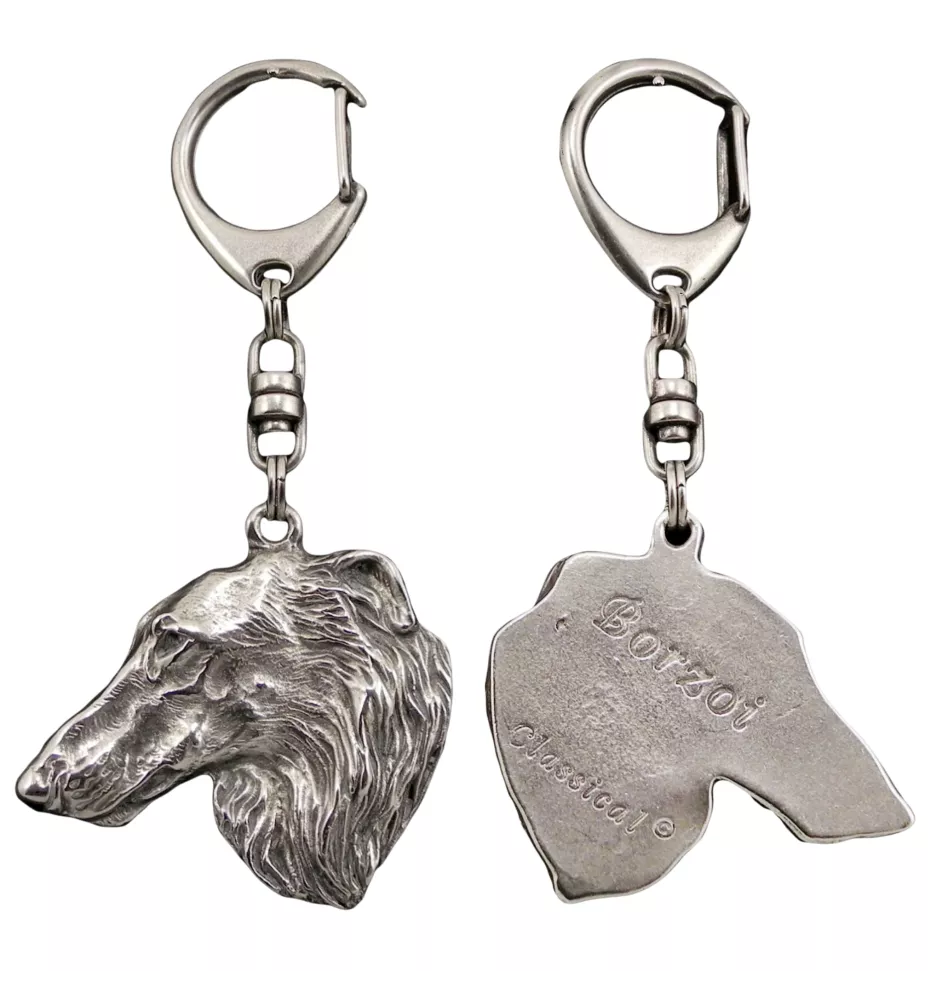 Barzoi, Levrier De Chasse Russe, Lévrier russe - Porte-clés argenté avec un chien dans une boîte cadeau, décoration de sac à main, pendentif de sac à dos par la marque Art-Dog