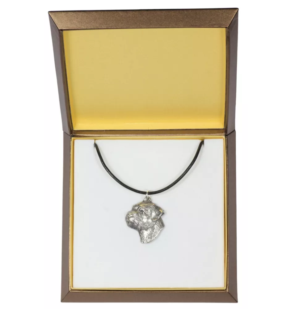 Border Terrier - Hundehalsband in Geschenkbox, versilbertes Medaillon für Hundefans, markanter Anhänger der Marke Art-Dog