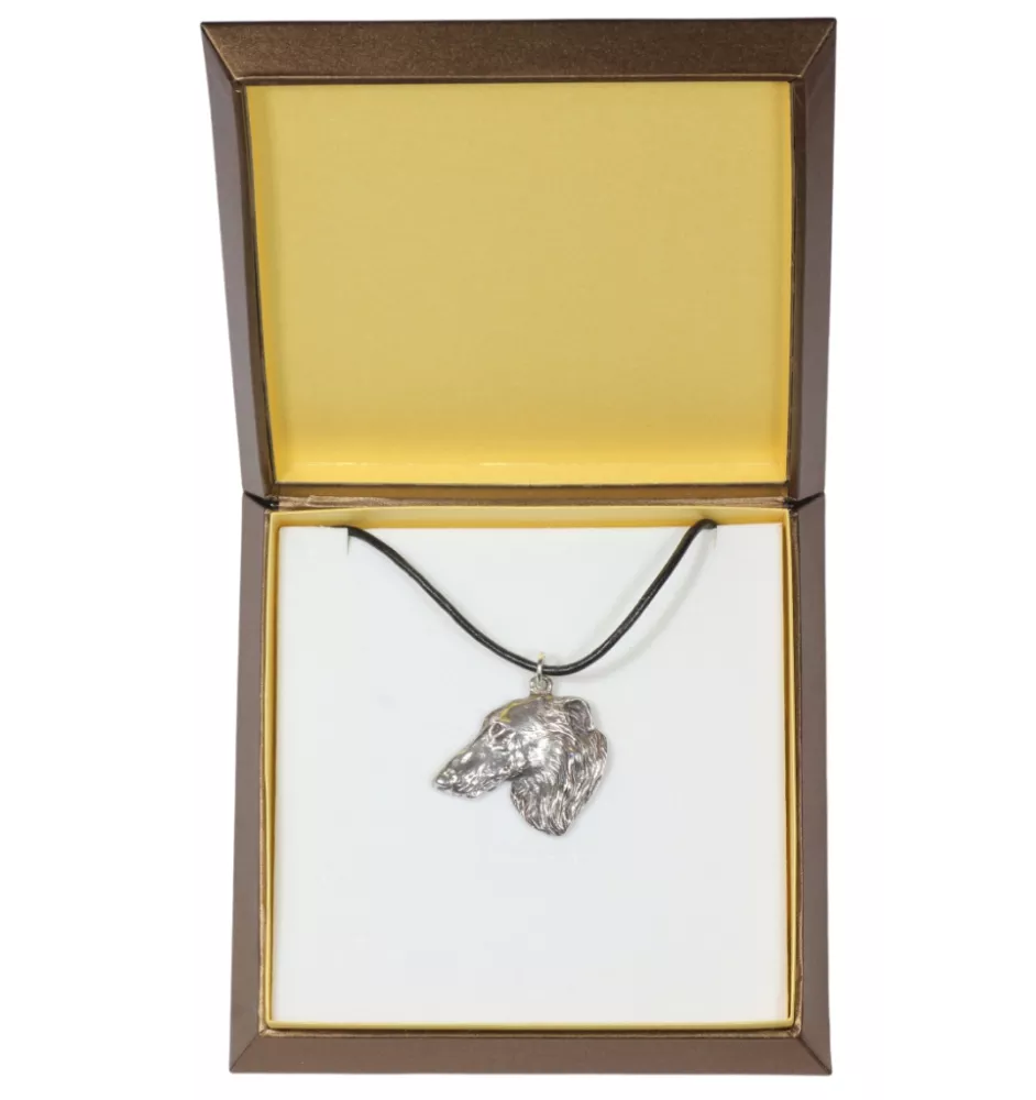 Barsoi, Russischer Jagdwindhund, Barzaia - Hundehalsband in Geschenkbox, versilbertes Medaillon für Hundefans, markanter Anhänger der Marke Art-Dog