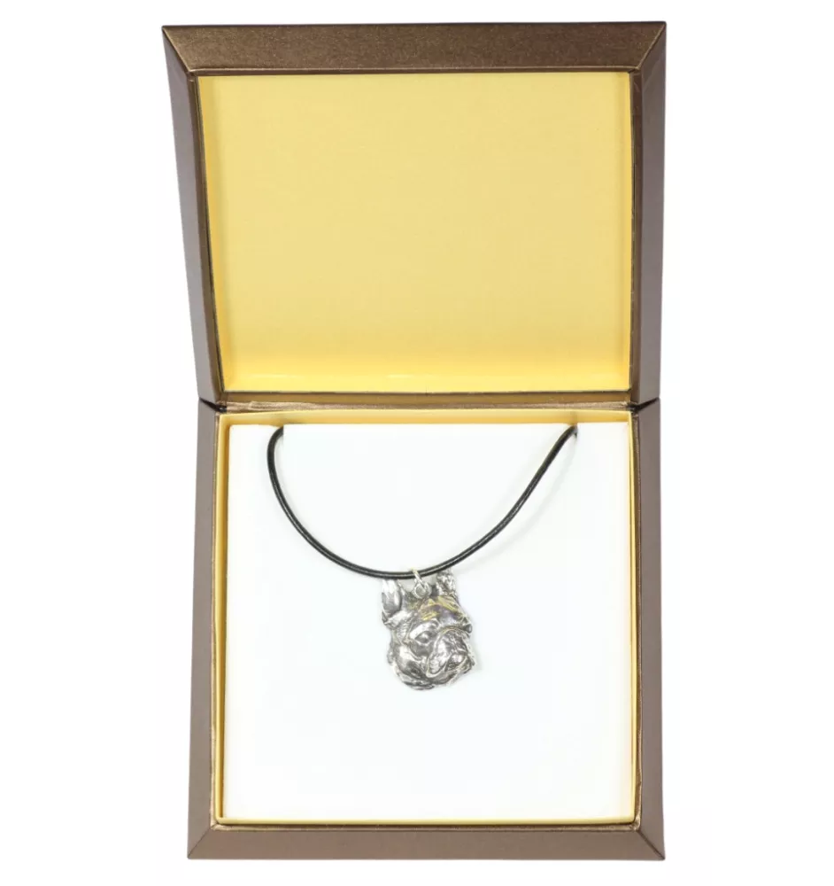 Boston Terrier - Hundehalsband in Geschenkbox, versilbertes Medaillon für Hundefans, markanter Anhänger der Marke Art-Dog