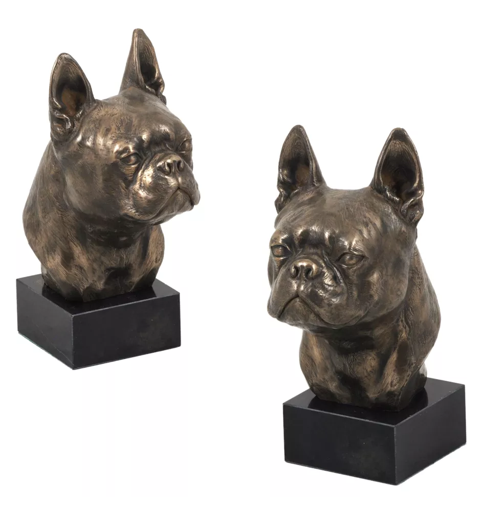 Boston Terrier, American Gentleman - Dog statue, bust on stone base, sculpture, trophy for dog show by Art-Dog brand