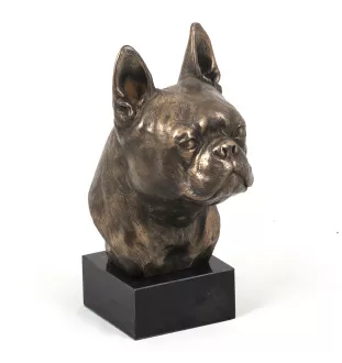 Terrier de Boston, Boston Terrier - Statue de chien, buste sur socle en pierre, sculpture, trophée pour exposition canine par la marque Art-Dog