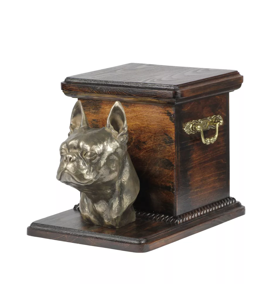 Boston Terrier - Eine Urne für die Asche eines Hundes mit einer Statuette, eine elegante Urne für einen Hund, eine außergewöhnliche Urne mit dem Porträt eines Hundes von der Marke Art-Dog.