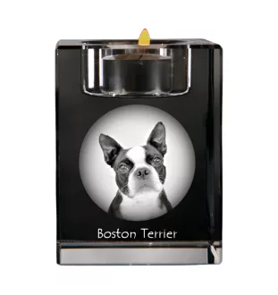 Boston Terrier, American Gentleman - Candle holder with dog photo, crystal tealight holder, personalised gift by Art-Dog brand