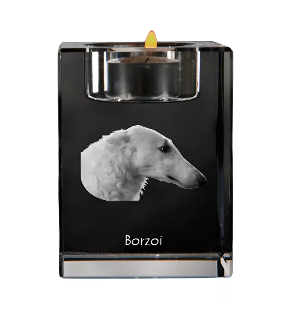 Barzoi, Levrier De Chasse Russe, Lévrier russe - Bougeoir avec photo de chien, porte bougie en cristal, cadeau personnalisé par la marque Art-Dog