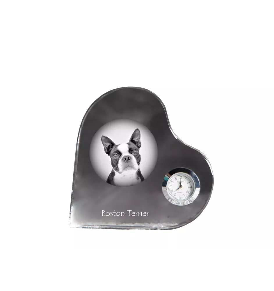 Boston Terrier, American Gentleman - crystal clock with a dog picture, heart-shaped shelf clock, personalized standing clock by Art-Dog brand