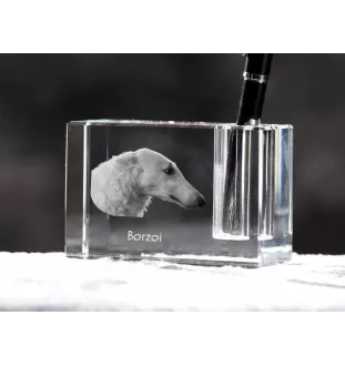Barsoi, Russischer Jagdwindhund, Barzaia - Stifthalter, Kristallorganizer mit Hundefoto, einzigartige Schreibtischdekoration der Marke Art-Dog
