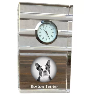 Terrier de Boston, Boston Terrier - une horloge en verre avec une photo, une photo de chien dans un cristal, une horloge de bureau personnalisée de la marque Art-Dog