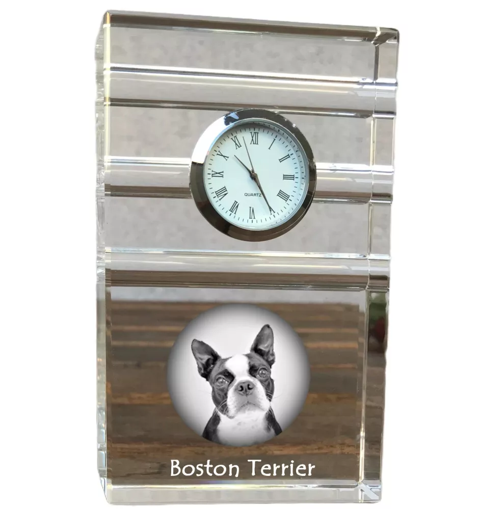 Terrier de Boston, Boston Terrier - une horloge en verre avec une photo, une photo de chien dans un cristal, une horloge de bureau personnalisée de la marque Art-Dog