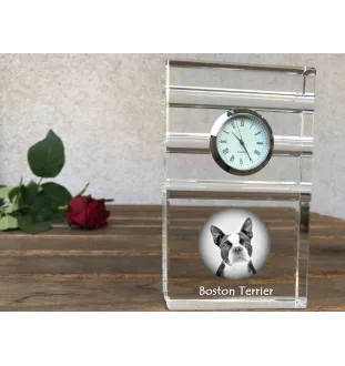 Boston Terrier, American Gentleman - glass clock with a photo, photo of a dog in crystal, personalized standing office clock by Art-Dog brand