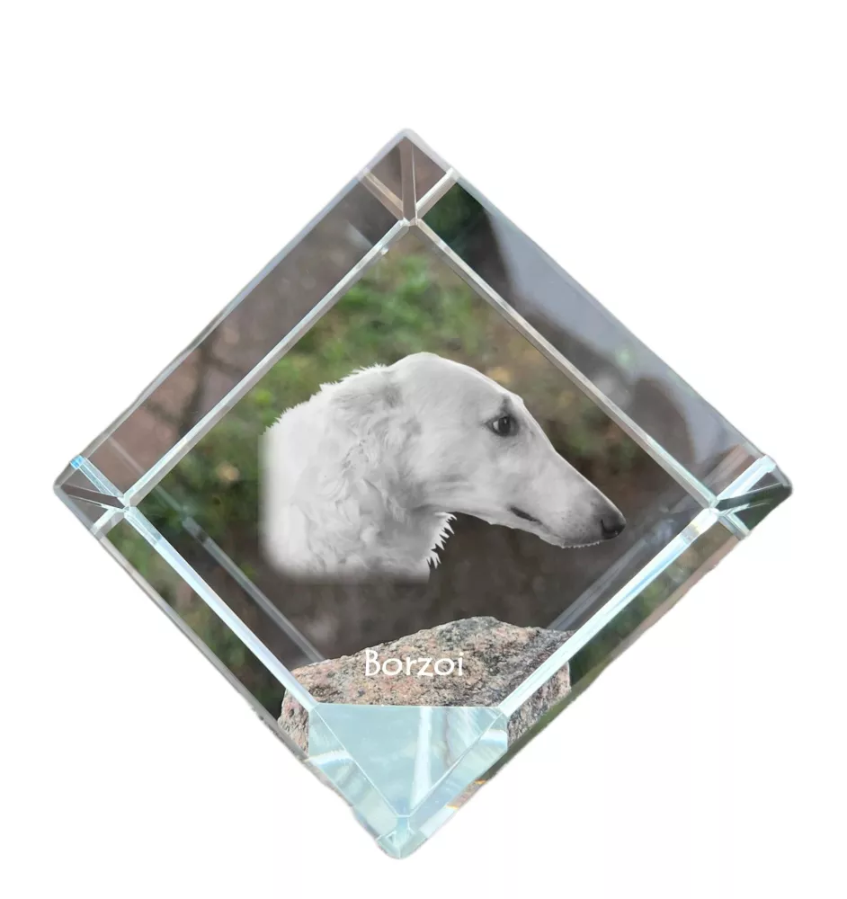 Barsoi, Russischer Jagdwindhund, Barzaia - Kristallwürfel mit Bild, Pferdebild im Kristall, sechseckiger Papierclip der Marke Art-Dog