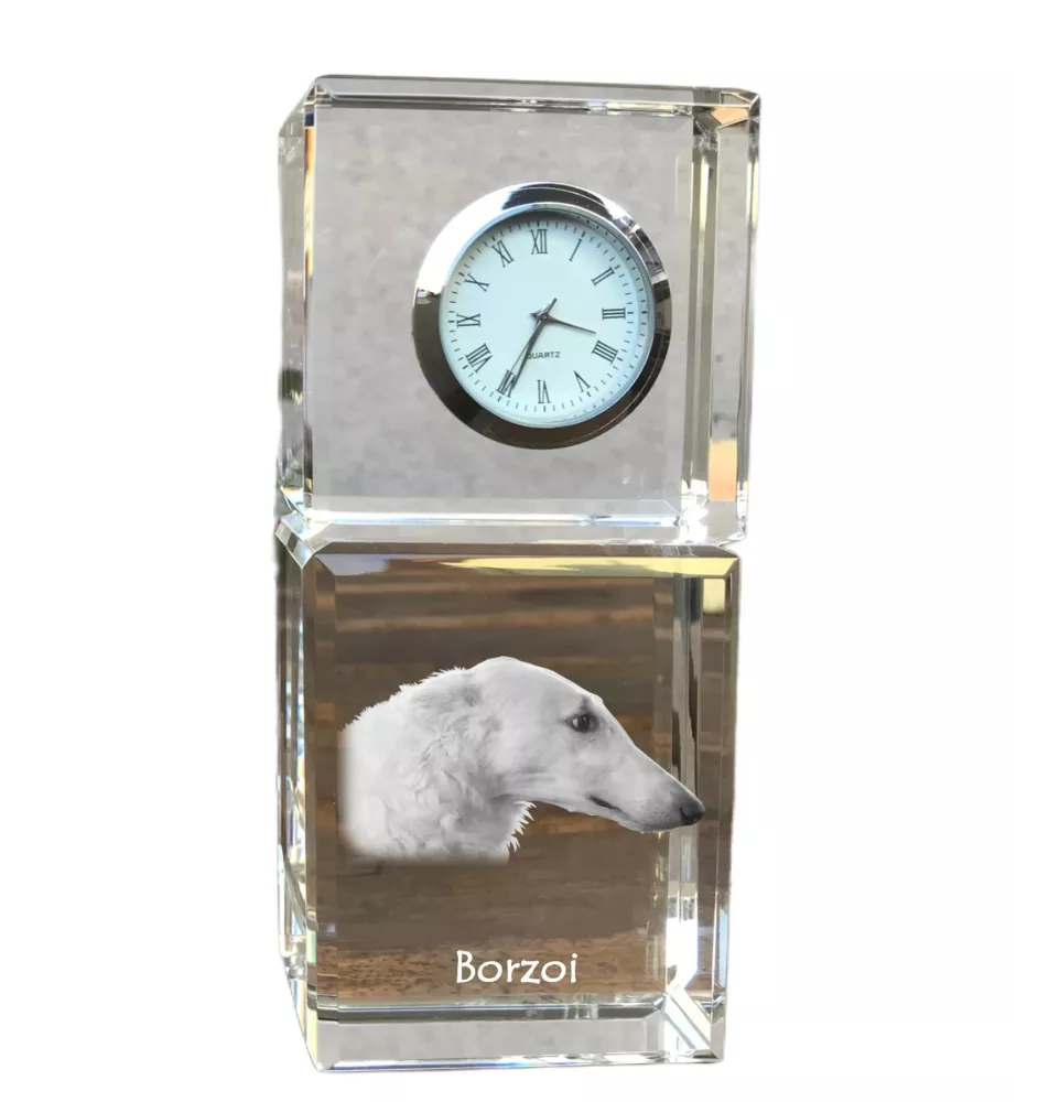 Barzoi, Levrier De Chasse Russe, Lévrier russe - montre en cristal avec photo, photo de chien dans un cristal, horloge de bureau personnalisée de la marque Art-Dog