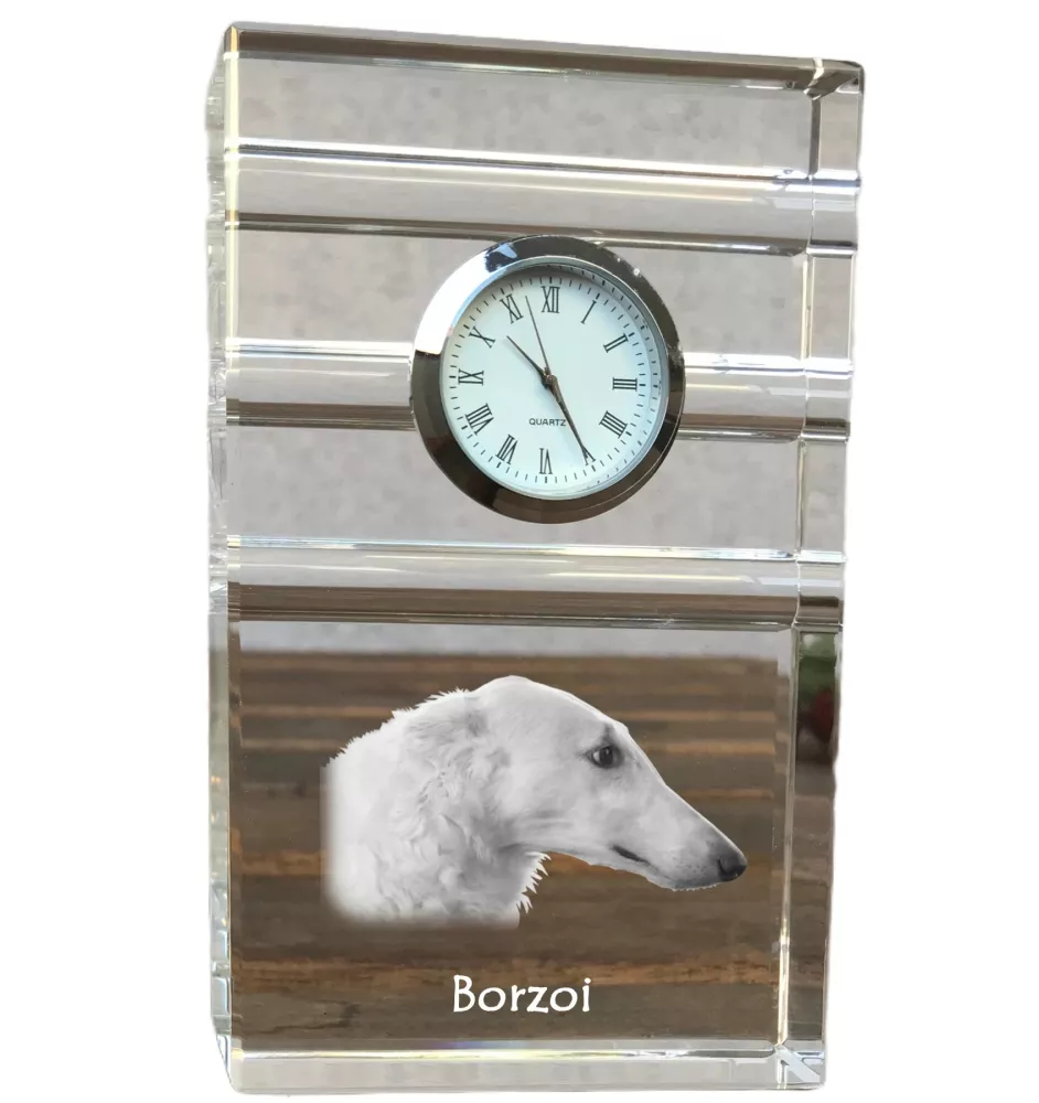 Barsoi, Russischer Jagdwindhund, Barzaia - Glasuhr mit Foto, Foto eines Hundes im Kristall, personalisierte Tischuhr für das Büro der Marke Art-Dog