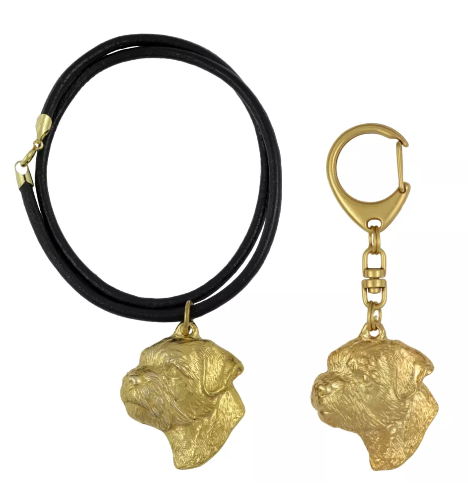 Border Terrier - porte-clés et collier avec chien dans une boîte, produit plaqué or de haute qualité, marque Art-Dog