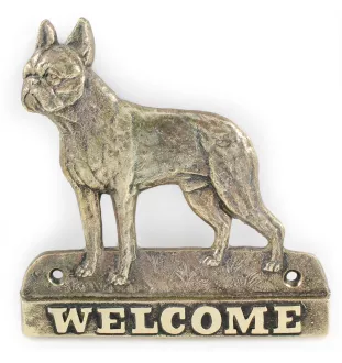Boston Terrier, American Gentleman - a door sign with a dog, a brass welcome plaque, a unique sign with the inscription Welcome from the Art-Dog brand