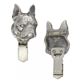 Boston Terrier, American Gentleman - brooch with a clip, holder for a start number, silver-plated dog show pin from the Art-Dog brand