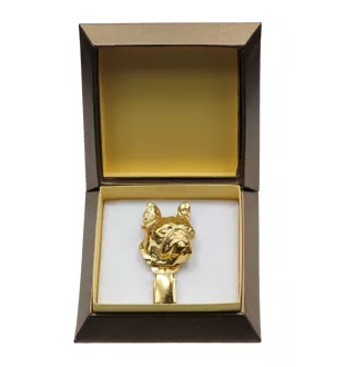 Boston Terrier, American Gentleman - brooch with a clip, gold-plated holder for a start number, a gift for a dog show by Art-Dog brand.