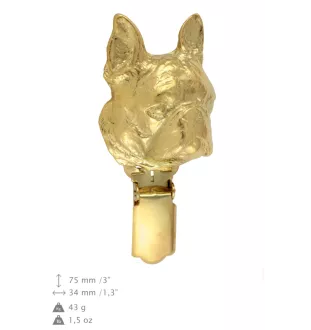 Boston Terrier, American Gentleman - brooch with a clip, gold-plated holder for a start number, a gift for a dog show by Art-Dog brand.
