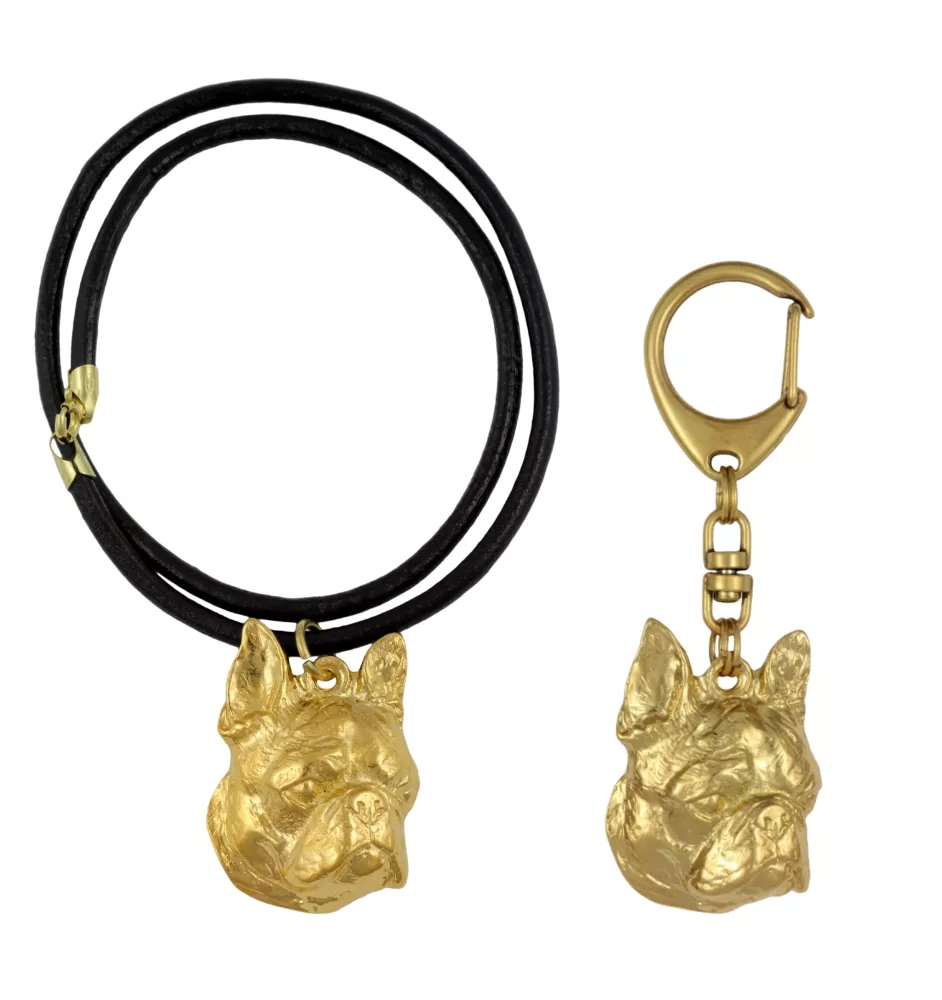 Terrier de Boston, Boston Terrier - porte-clés et collier avec chien dans une boîte, produit plaqué or de haute qualité, marque Art-Dog