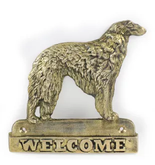 Barzoi, Levrier De Chasse Russe, Lévrier russe - une plaque de porte avec un chien, une plaque de bienvenue en laiton, une enseigne exceptionnelle avec l'inscription Welcome de la marque Art-Dog