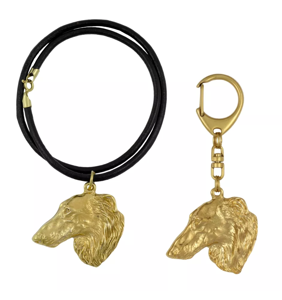 Barzoi, Levrier De Chasse Russe, Lévrier russe - porte-clés et collier avec chien dans une boîte, produit plaqué or de haute qualité, marque Art-Dog