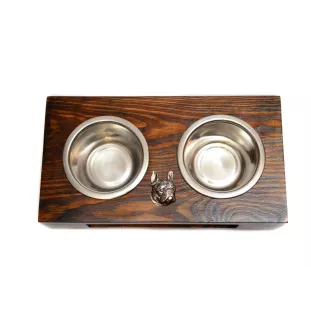 Boston Terrier, American Gentleman - wooden stand with bowls for a dog, steel dog bowls, a gift for adopting a dog from the Art-Dog brand