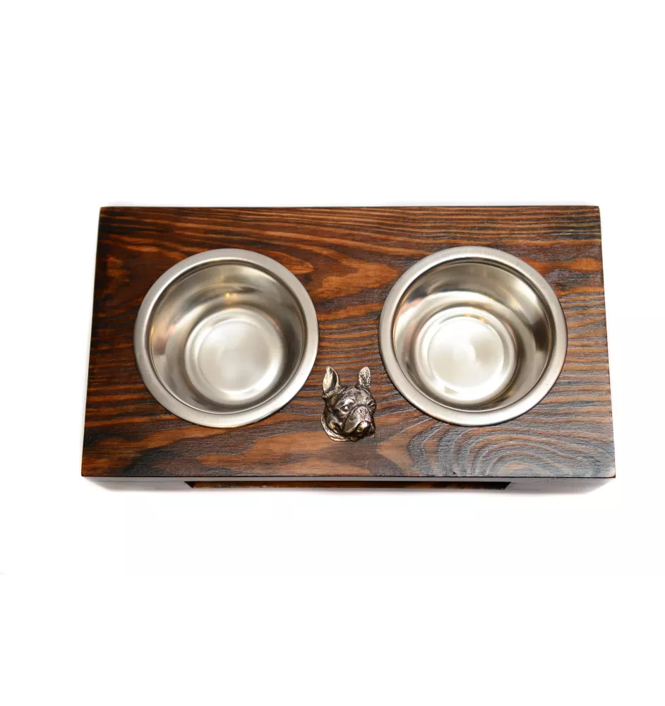 Boston Terrier, American Gentleman - wooden stand with bowls for a dog, steel dog bowls, a gift for adopting a dog from the Art-Dog brand