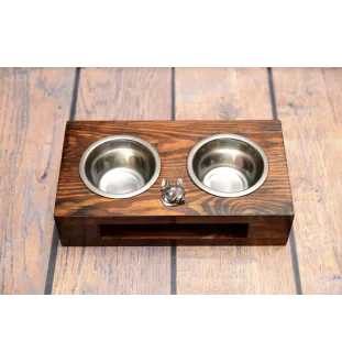 Boston Terrier, American Gentleman - wooden stand with bowls for a dog, steel dog bowls, a gift for adopting a dog from the Art-Dog brand