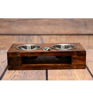 Boston Terrier, American Gentleman - wooden stand with bowls for a dog, steel dog bowls, a gift for adopting a dog from the Art-Dog brand