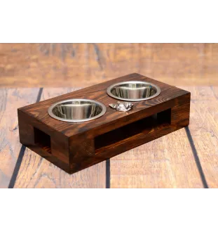 Boston Terrier, American Gentleman - wooden stand with bowls for a dog, steel dog bowls, a gift for adopting a dog from the Art-Dog brand