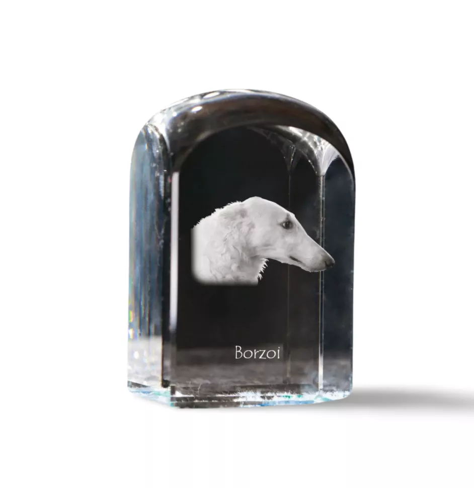 Borzoi, Russian Hunting Sighthound, Russian Wolfhound - crystal cube with a photo, photo of a dog in crystal, cubic paperweight from Art-Dog brand