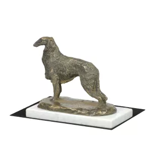 Borzoi, Russian Hunting Sighthound, Russian Wolfhound IV - dog figurine, statue on white marble, trophy for Art-Dog dog show exhibition