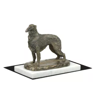 Borzoi, Russian Hunting Sighthound, Russian Wolfhound IV - dog figurine, statue on white marble, trophy for Art-Dog dog show exhibition