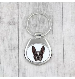 Boston Terrier - geometrischer Schlüsselanhänger mit Foto und Aufschrift Art-Dog