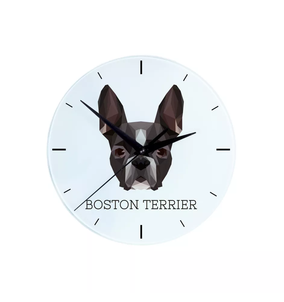Boston Terrier - geometrische Wanduhr mit Bild und Aufschrift der Marke Art-Dog