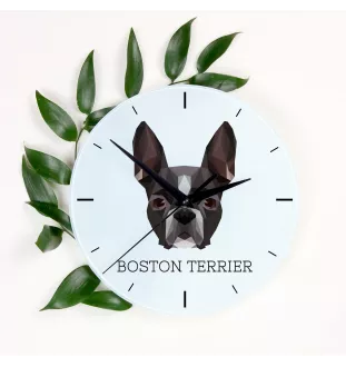 Boston Terrier, American Gentleman - geometric wall clock with a picture and the brand name Art-Dog