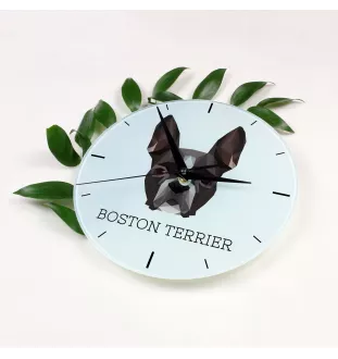 Boston Terrier - geometrische Wanduhr mit Bild und Aufschrift der Marke Art-Dog