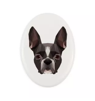 Terrier de Boston, Boston Terrier - une plaque avec une photo et un motif géométrique de la marque Art-Dog