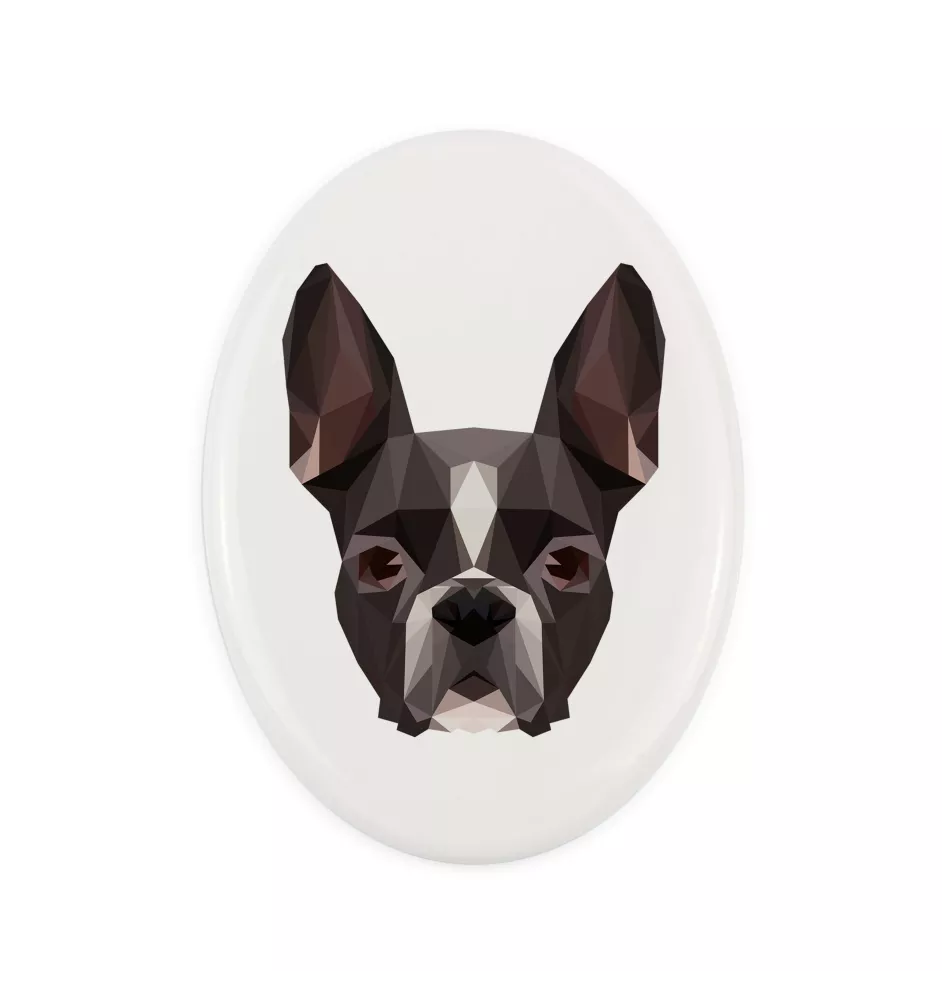 Terrier de Boston, Boston Terrier - une plaque avec une photo et un motif géométrique de la marque Art-Dog
