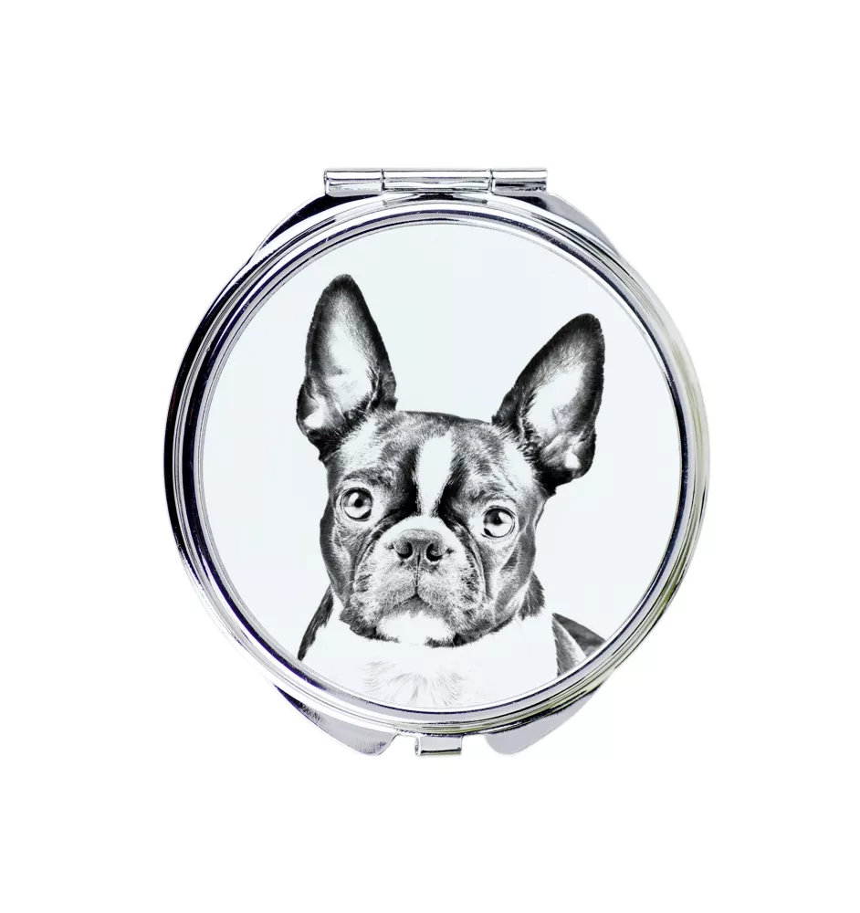 Boston Terrier - Taschenspiegel mit Hund, personalisierter Taschenspiegel, kompakter Spiegel mit Art-Dog-Logo