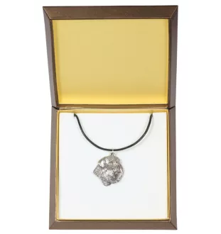 Flandrischer Treibhund, Bouvier des Flandres - Hundehalsband in Geschenkbox, versilbertes Medaillon für Hundefans, markanter Anhänger der Marke Art-Dog