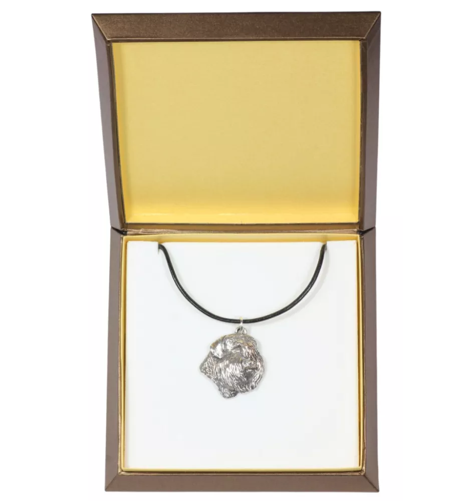 Flandrischer Treibhund, Bouvier des Flandres - Hundehalsband in Geschenkbox, versilbertes Medaillon für Hundefans, markanter Anhänger der Marke Art-Dog