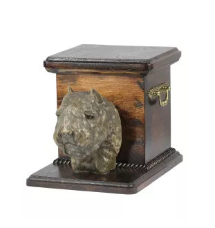 Flandrischer Treibhund, Bouvier des Flandres - Eine Urne für die Asche eines Hundes mit einer Statuette, eine elegante Urne für einen Hund, eine außergewöhnliche Urne mit dem Porträt eines Hundes von